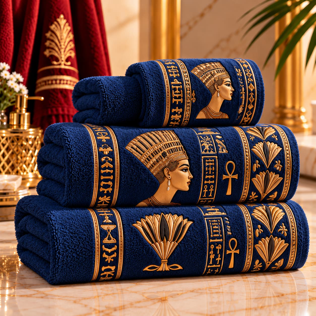 Egyptian Gold on Navy Towels باكت فوط مطرزة فرعوني - الصورة 1