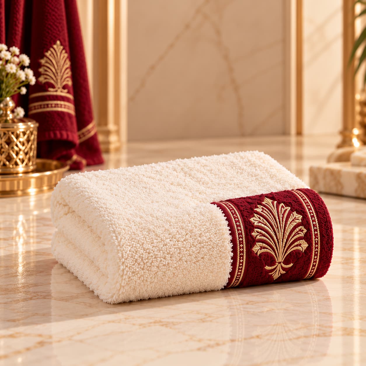 Luxury Burgundy and Gold Embroidered Towel فوطة مطرزة - الصورة 1